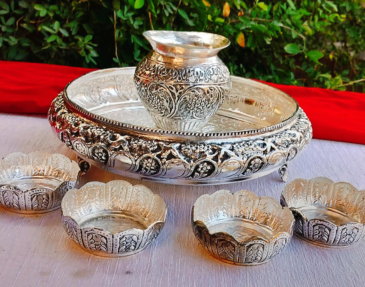 German Silver Pooja thali Set Combo of 6 Pieces Set